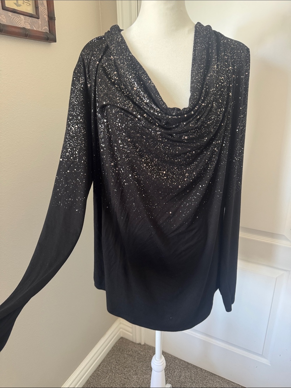 Karen Kane Black Cowl Neck Long-Sleeve Top with Silver Sparkle